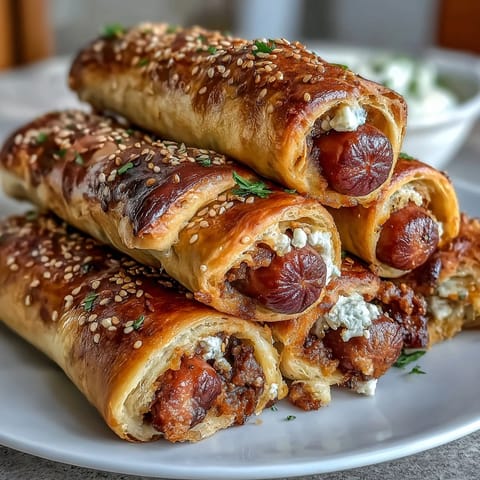Mini baseball hot dogs in crescent roll dough, golden and crispy, served with ketchup and mustard for dipping.