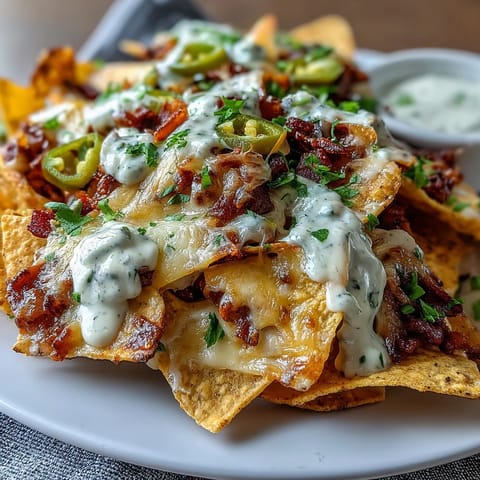 Loaded Baseball Nachos with Jalapeños and Cheese Sauce: crispy tortilla chips layered with seasoned beef, melted cheese, and tangy jalapeños.  