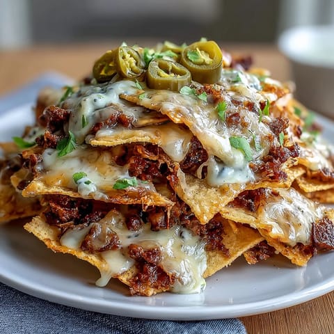 Loaded Baseball Nachos with Jalapeños and Cheese Sauce: hearty platter of nachos with juicy beef, creamy cheese sauce, and spicy jalapeño slices.  