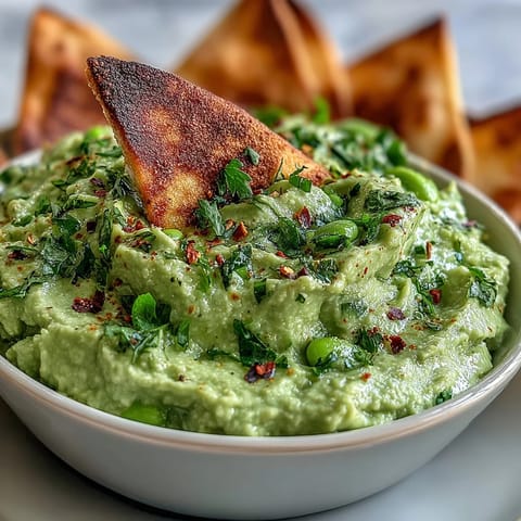 Creamy edamame guacamole with ripe avocado, fresh cilantro, and jalapeño, served alongside crisp, golden pita chips for dipping.