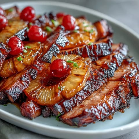 Honey Glazed Ham with Pineapple, golden and glistening, adorned with sweet pineapple rings and cherries for a festive Easter centerpiece.  