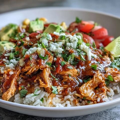 Flavorful salsa chicken bowls with shredded chicken, rice, beans, and fresh toppings for a colorful, hearty meal.