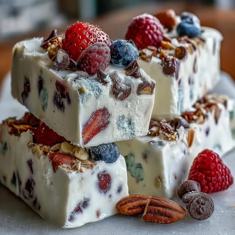 A vibrant, crunchy frozen yogurt bark layered with fresh berries and wholesome granola for a nutritious dessert.