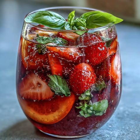 Vibrant non-alcoholic sangria with juicy strawberries, orange, lemon, lime, and fragrant basil leaves.