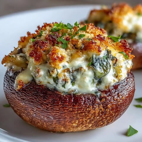 Spinach ricotta stuffed mushrooms on a baking sheet, golden and bubbling with melted cheese and fresh herbs.  