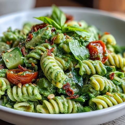 Creamy avocado-basil Green Goddess Pasta Salad with fresh cherry tomatoes and cucumber in a vibrant dressing.  