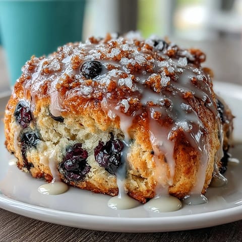 Lemon Blueberry Scones with a golden crust, bursting with juicy berries and drizzled with tangy lemon glaze for a bright, bakery-style treat.