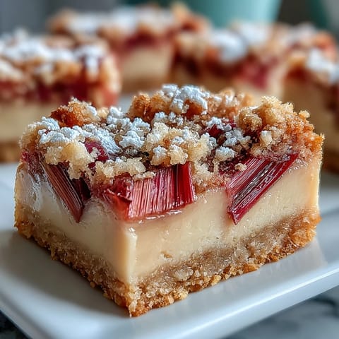 Rich vanilla custard and sweet-tart rhubarb layered over a golden shortbread crust for a perfect spring dessert.  