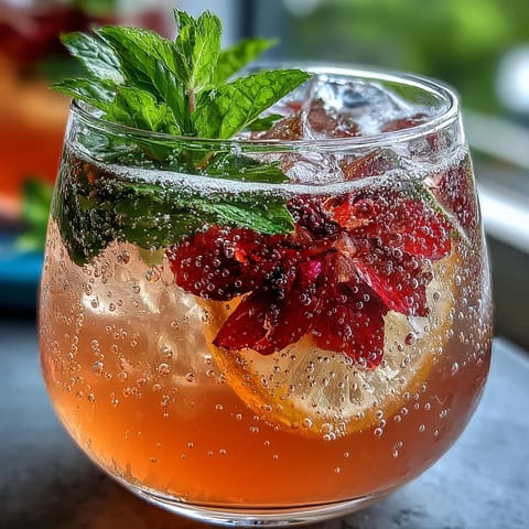A refreshing glass of sparkling hibiscus mint lemonade with vibrant red hue and fresh mint garnish, perfect for summer gatherings.
