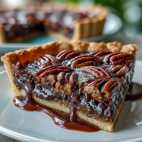 Kentucky Derby Chocolate Bourbon Pecan Tart with rich chocolate chips, crunchy pecans, and a flaky crust, baked to golden perfection.