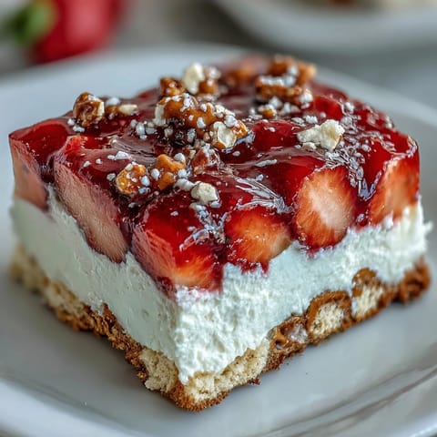 A vibrant Memorial Day Strawberry Pretzel Salad with a golden pretzel crust, creamy cheesecake layer, and glistening strawberry topping.