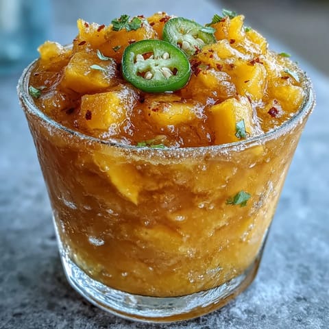 Vibrant Fricy Spicy Mango Margarita Slushie, perfectly blended and ready to sip.
