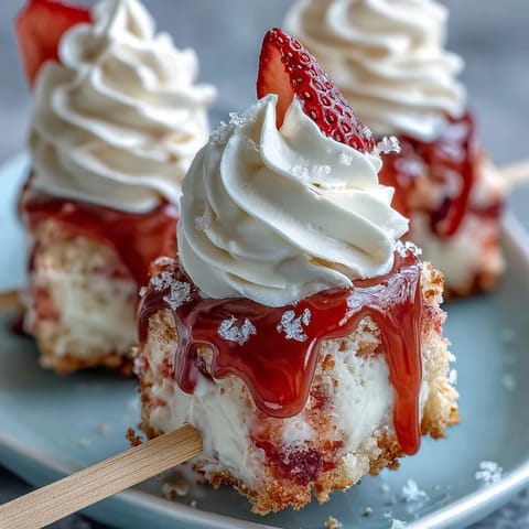 Delectable mini strawberry shortcake bites on skewers, topped with fluffy whipped cream.