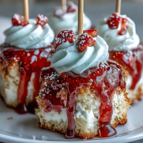 Festive skewers of mini strawberry shortcake bites, bursting with fresh fruit and cream.