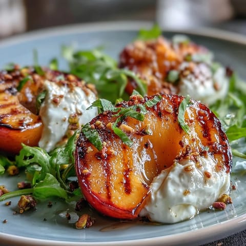 Grilled peach and burrata salad, creamy cheese, sweet peaches, peppery arugula, fresh basil.