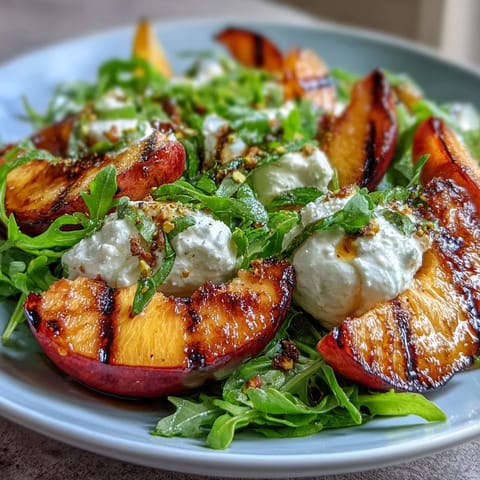 Vibrant burrata salad with caramelized grilled peaches drizzled in honey balsamic dressing.