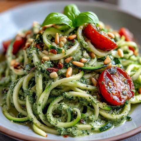 Vibrant Zucchini Noodles with Avocado Pesto, a healthy vegetarian meal brightened with fresh herbs.