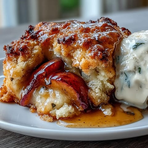 Warm peach cobbler with golden biscuit topping, bubbling and ready to serve.