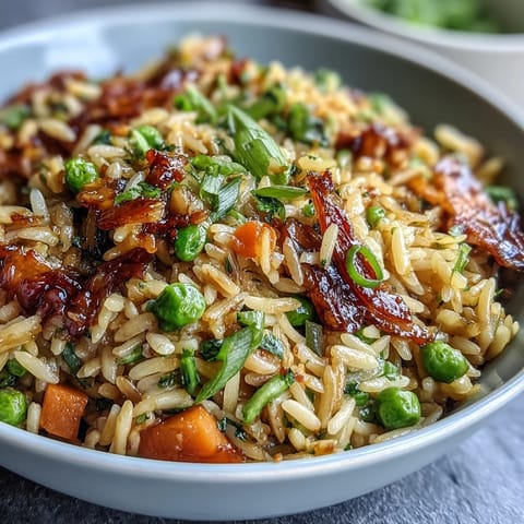 Orzo fried rice style dish with colorful vegetables, featuring fluffy pasta.