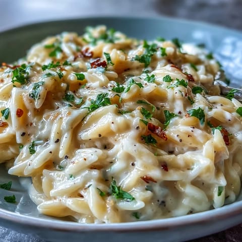 Creamy Parmesan Truffle Orzo piled high, ready for a decadent dinner.