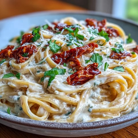 Creamy sun-dried tomato alfredo pasta glistening with Parmesan cheese, garnished with basil.