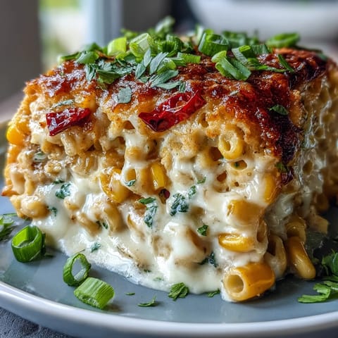 Creamy street corn pasta bake topped with cilantro and cotija cheese.