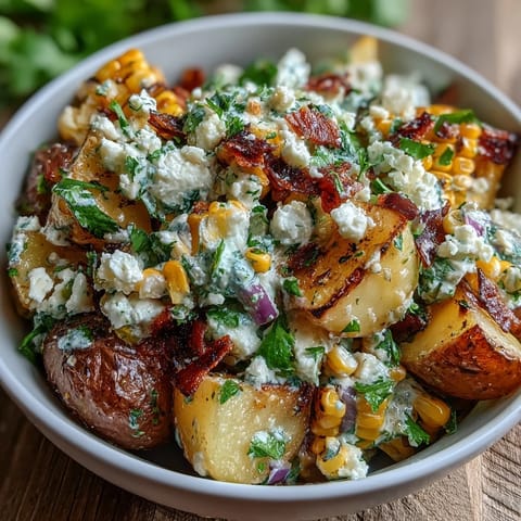 Elote Potato Salad: creamy, tangy, and topped with crumbled cotija cheese and cilantro.