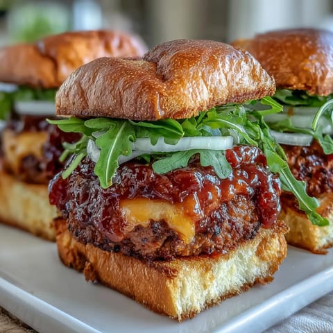 Juicy Peach Bourbon BBQ Meatloaf Sliders topped with glistening sauce on soft buns.