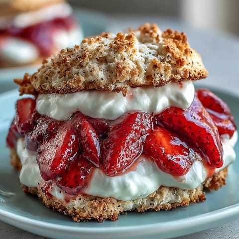 Black sesame strawberry shortcake showing vibrant berries atop fluffy biscuits and cream.