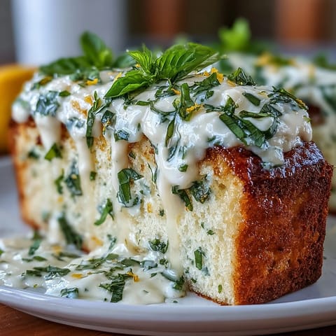 Moist lemon poke cake layered with citrus syrup and creamy basil whipped topping, ready to serve.