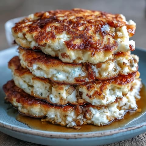 Golden Apple Cinnamon Cottage Cheese Pancakes stacked high with syrup.
