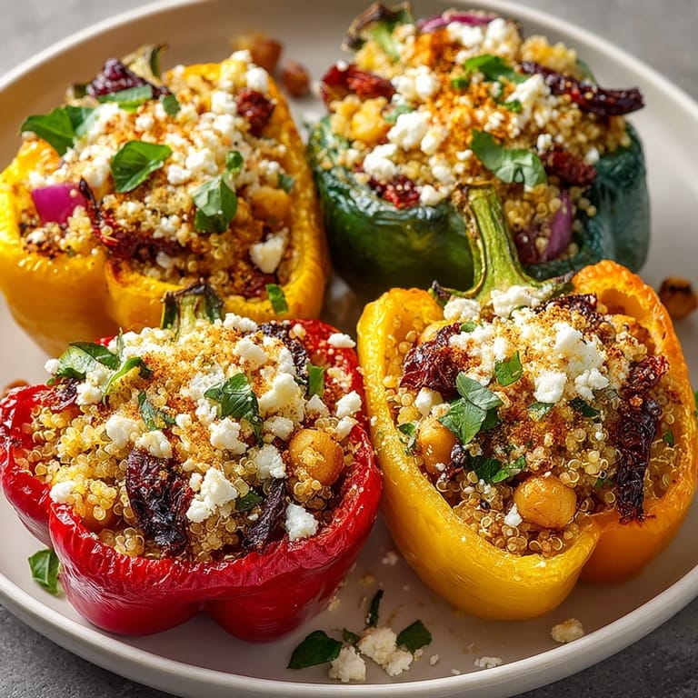 Colorful Mediterranean Stuffed Bell Peppers with Quinoa and Feta on a rustic dinner table.