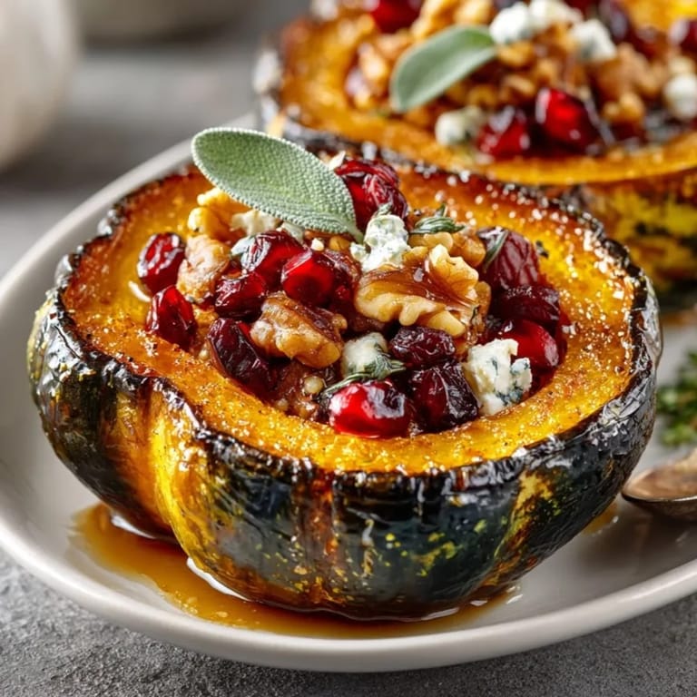Close-up of maple sage roasted acorn squash with pomegranate, glistening with maple glaze and autumn spices.