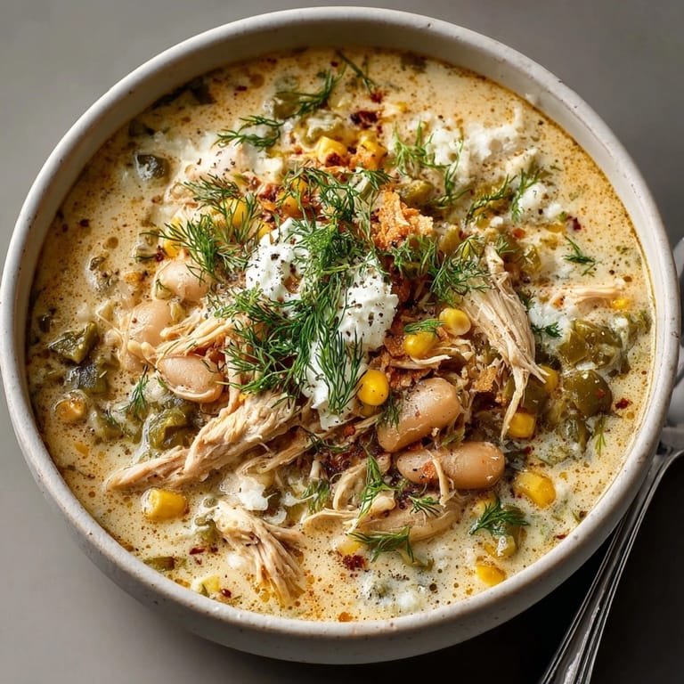 A close-up of the tangy Pickle-Infused White Chicken Chili, showing its creamy texture and colorful toppings.