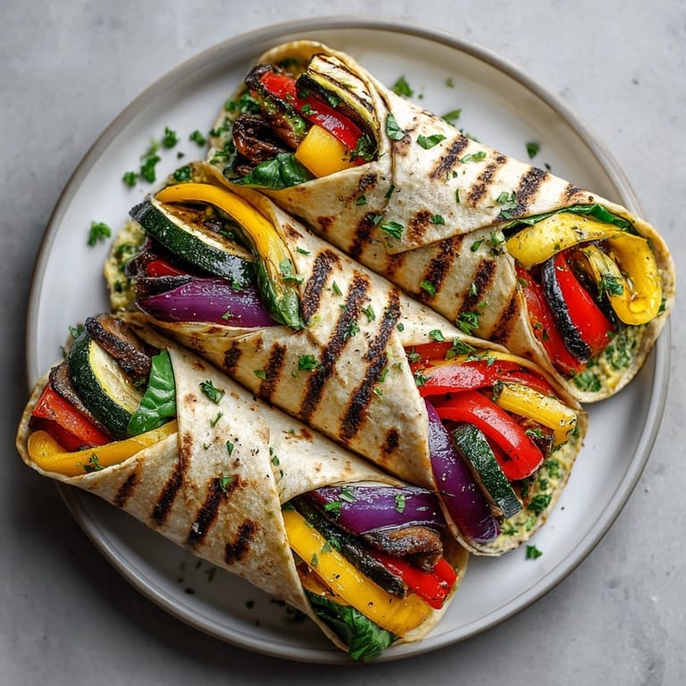 These satisfying Grilled Veggie & Hummus Wraps offer a satisfying mix of grilled vegetables and smooth hummus.