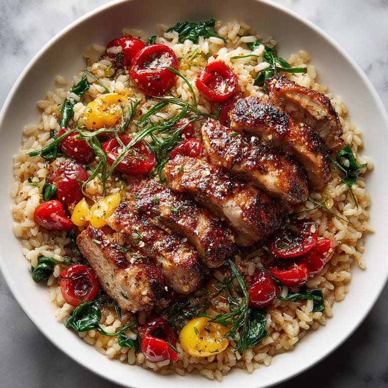 Sizzling One-Pot Cherry Chicken Dinner featuring juicy chicken, sweet cherries, and colorful veggies, a complete meal.