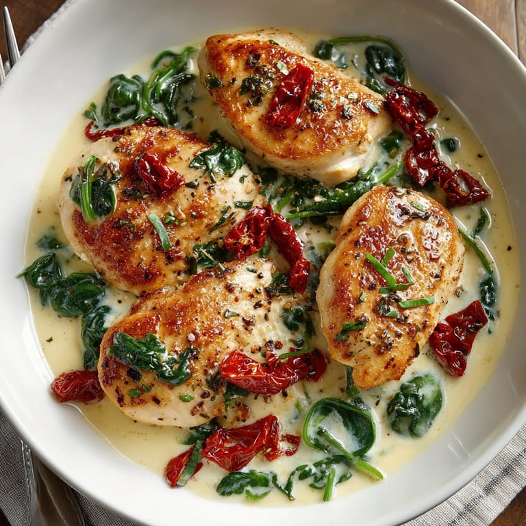This comforting One-Pot Creamy Tuscan Chicken features a creamy sauce with visible sun-dried tomatoes and spinach.
