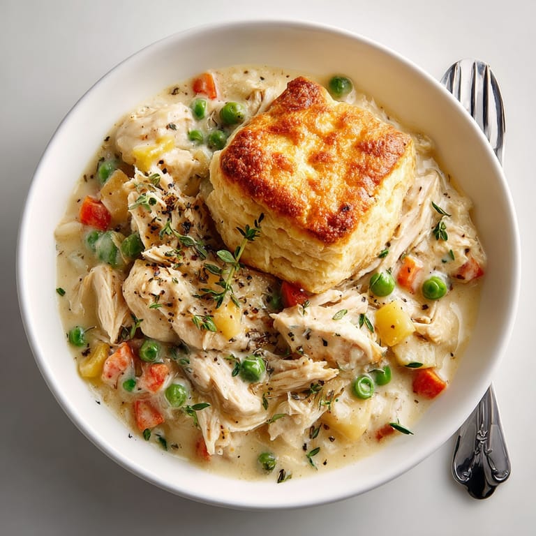 Hearty chicken pot pie bowls, featuring a rich, creamy filling and flaky biscuit topping for a satisfying meal.