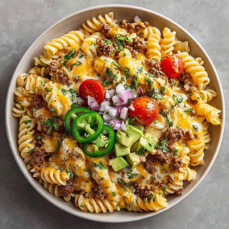 Creamy Taco Pasta Skillet simmering in a skillet, promising an easy and delicious Tex-Mex comfort food meal.