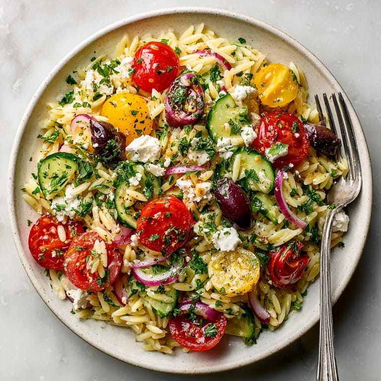 A close-up of a bright and refreshing Lemon Herb Orzo Salad, perfect for a summer side.