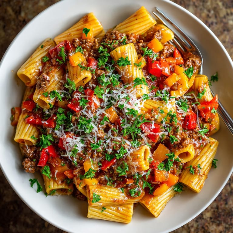 Close-up shot of a plate of Spicy Family Chili Pasta, showing textured sauce and tender pasta.
