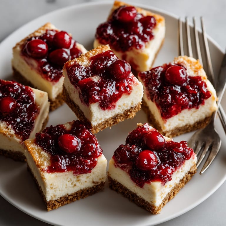 Vibrant image: Sweet and tangy Cranberry-Orange Cheesecake Bars ready to enjoy on a dessert plate.