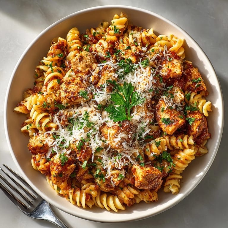 A close-up of steaming Budget-Friendly Chicken Parmesan Pasta, smelling of garlic and herbs.