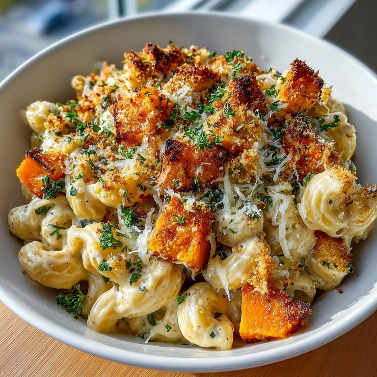 A close-up of rich and golden Cozy Fall Butternut Squash Mac and Cheese, perfect for a comforting dinner.