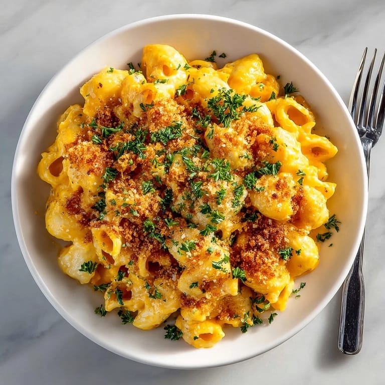 Warm, comforting Cozy Fall Butternut Squash Mac and Cheese, sprinkled with fresh parsley, ready to eat.