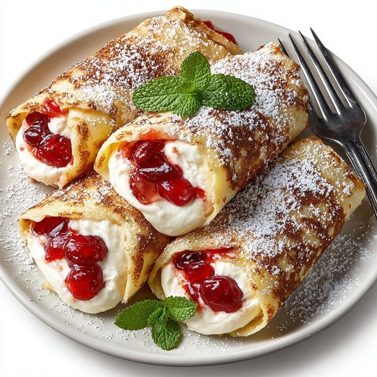 Close up of a plated cherry pie filling breakfast wrap, filled with creamy cheese and juicy cherry filling.