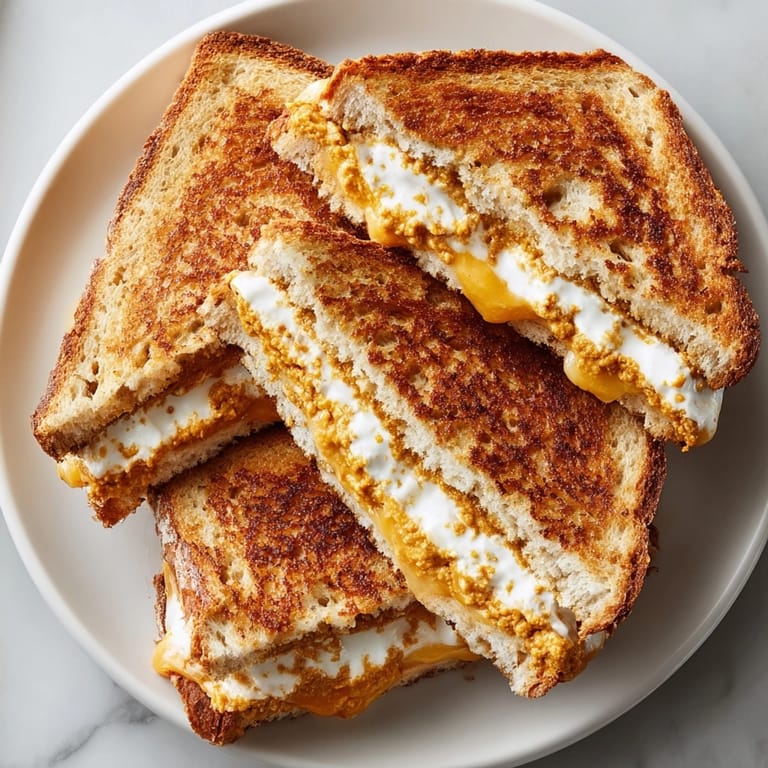 Crispy bread surrounds a warm, cheesy, and spiced Halloween Pumpkin Spice Grilled Cheese, ready to eat!