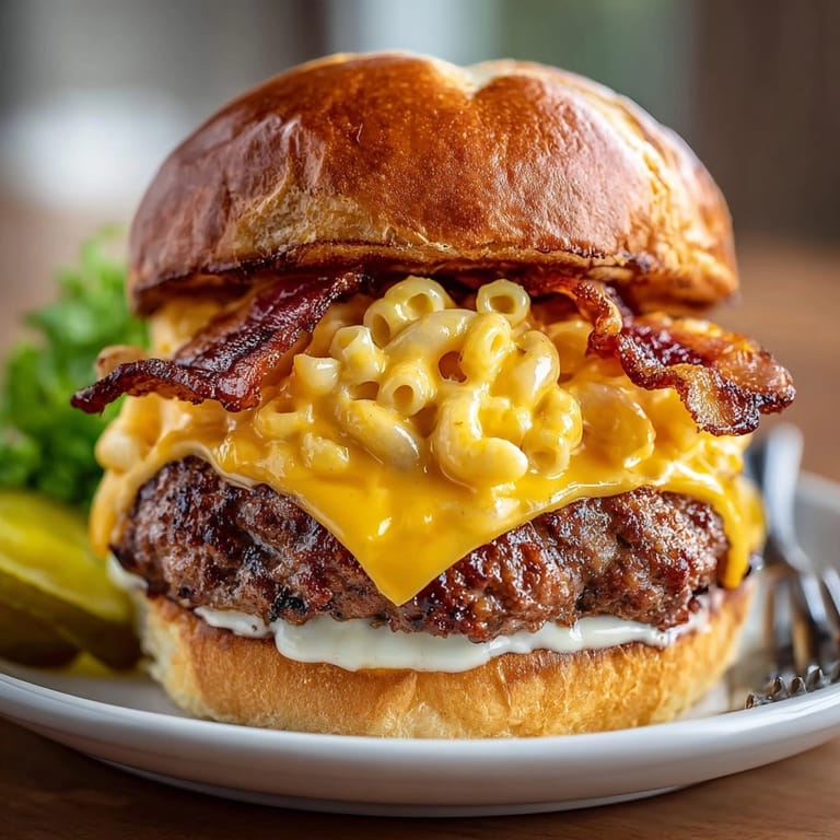 Stacked high, this Bacon Mac and Cheese Burger features a rich, creamy mac and cheese layer.