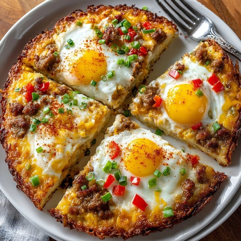 A close-up of a savory Breakfast Pizza highlighting the incredibly crispy hash brown crust.