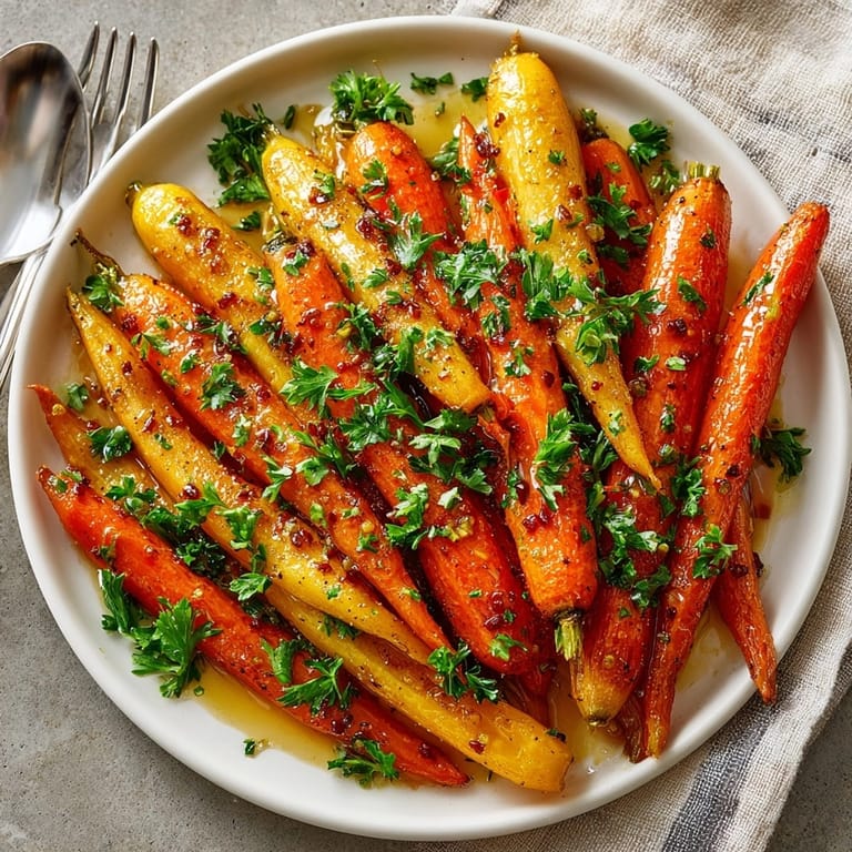 Close-up of caramelized Maple Bourbon Glazed Carrots, a delicious, easy side dish recipe, ready to be served.